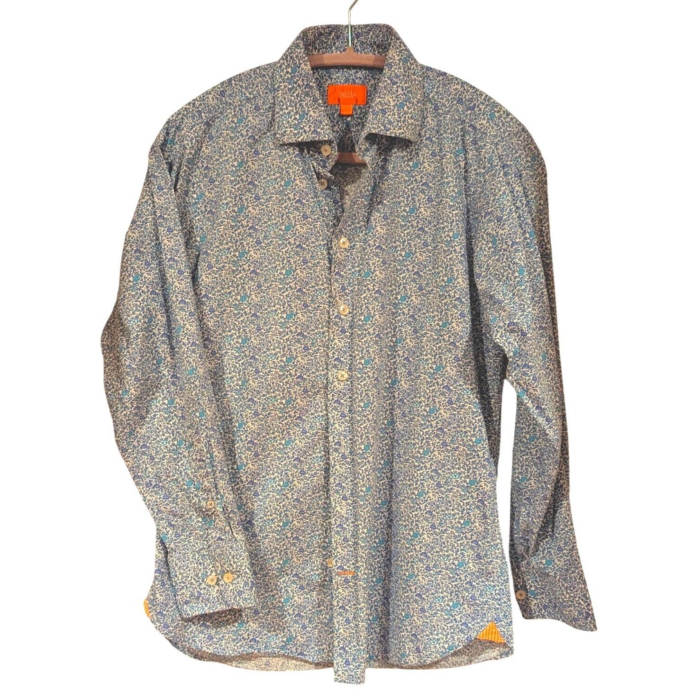 Tallia Button Down Shirt 15 32/33 Blue Floral Ditsy Print Contrast Gusset Preppy